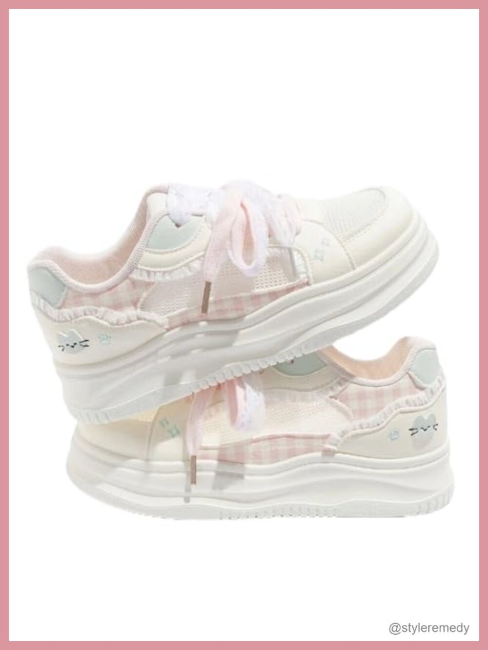 Women's Platform Sneakers Lace Bow Gingham Cat Casual Walking Shoes